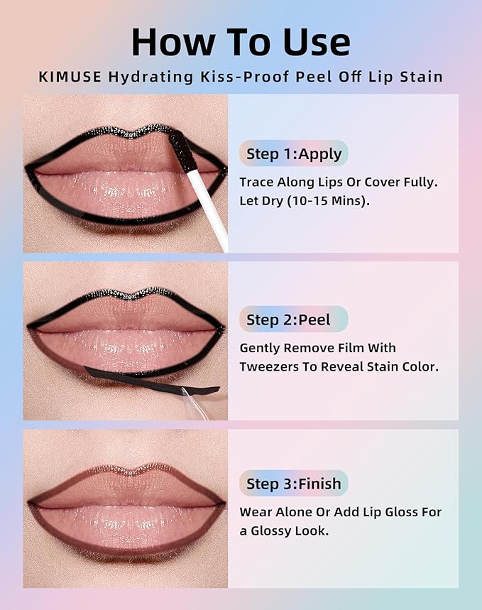KIMUSE Long-Lasting Lip Stain Peel Off Mask, 12H Smudge-Proof Transfer-Resistant Lip Tint, Vegan & Non-Drying Formula for Bold Matte Finish, Easy Peel Application