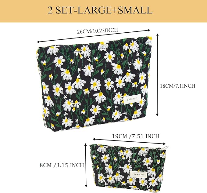 2 Pcs Makeup Bags, Large Cosmetic Bag Travel Toiletry Bag Organizer for Women, Embroidery Craft, Floral Makeup Bag Small Cosmetic Pouch Purse with Zipper Gifts for Girls Teen
