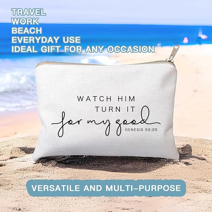 Watch Him Turn It For My Good Makeup Bag Christian Quote Faith Bible Scripture Sayings Makeup Case Linen Cotton Travel Bag Makeup Pouch Sister Gift