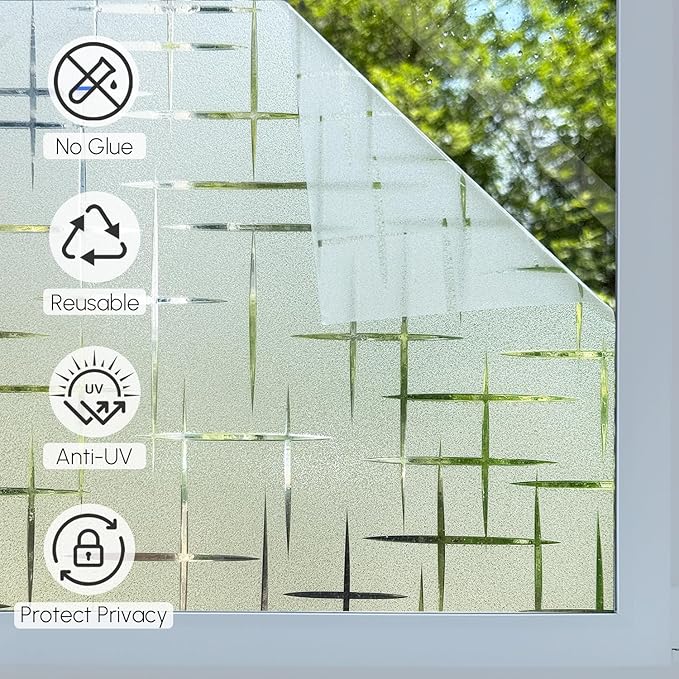 HIDBEA Window Privacy Film, Decorative Staic Cling Frosting Film, Heat Control UV Blocking Non-Adhesive Window Sticker for Home, Cross Pattern,35.4 X 78.7 Inches
