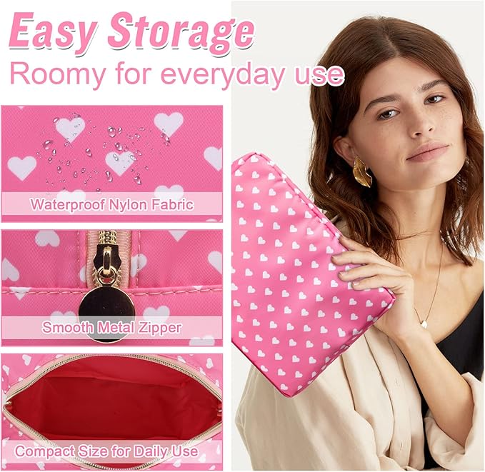 Nylon Large Makeup Bag Travel Cosmetic Bag Pouch, Big Preppy Makeup Bag Cute Cosmetic Zipper Pouch Purse, Waterproof Toiletry Bag Clutch Makeup Organizer Travel Essentials for Women Girls(Pink Heart)