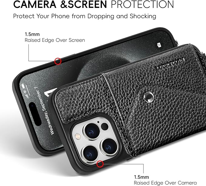 LUCKYCOIN Crossbody Wallet Phone Case for iPhone 15 Pro,100% Genuine Leather Wallet Phone Case with Expandable Flip Card Holder,Phone Purse for Women with Adjustable Removable Strap - Pebble Black