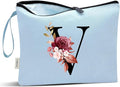 Vavabox A-Z Personalized Makeup Bag, Birthday Gifts for Women Mom, Gifts for Best Friend, Bride Bridesmaid Cosmetic bag (V, Blue)