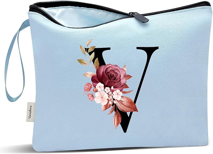 Vavabox A-Z Personalized Makeup Bag, Birthday Gifts for Women Mom, Gifts for Best Friend, Bride Bridesmaid Cosmetic bag (V, Blue)