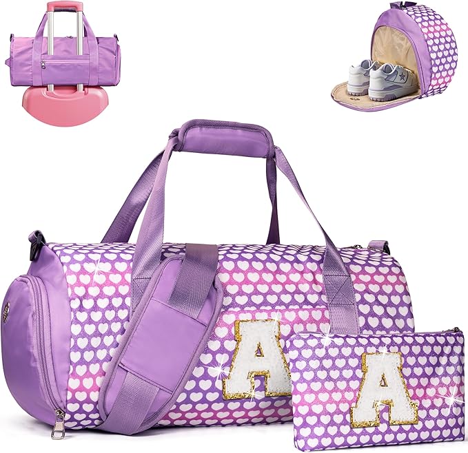 Teen Girl Gifts Trendy Stuff, Girls Travel Duffel Bag, Kids Initial Overnight Bags with Shoe Compartment, Personalized Gym Ballet Dance Bag with Makeup Pouch, Sister Birthday Gift (Letter A)