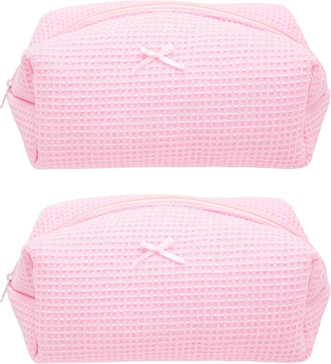 PAZIMIIK 2PCS Cozy Makeup Bag Travel Cosmetic Bag for Women Soft Toiletry Bag Aesthetic Makeup Organizer Portable Large Zipper Pouch for Skincare Beauty Accessories Brushes Walffle Check Pink