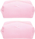 PAZIMIIK 2PCS Cozy Makeup Bag Travel Cosmetic Bag for Women Soft Toiletry Bag Aesthetic Makeup Organizer Portable Large Zipper Pouch for Skincare Beauty Accessories Brushes Walffle Check Pink