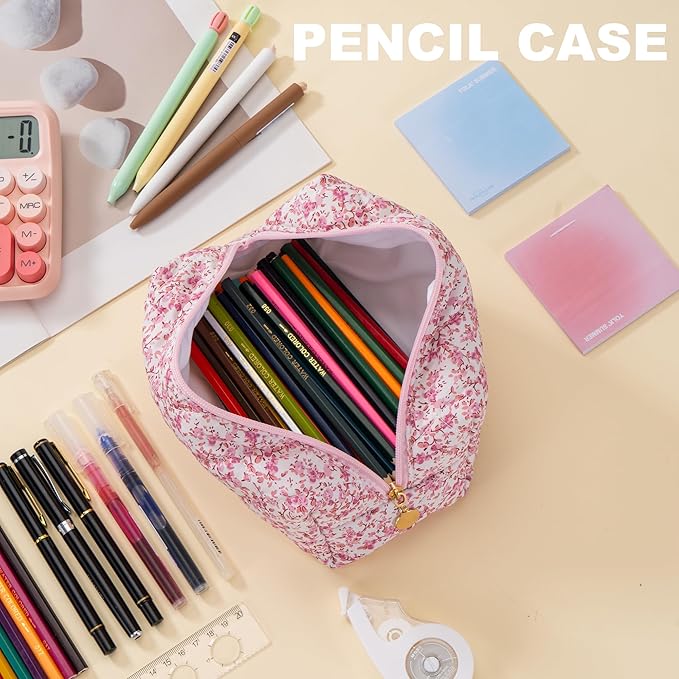 Makeup Bag Travel Toiletry Bag for Women, Small Cosmetic Bags Cute Quilted Cotton Makeup Pouch for Purse Emergency Bag for School Floral Pencil Case Accessory Bag, Baby Pink