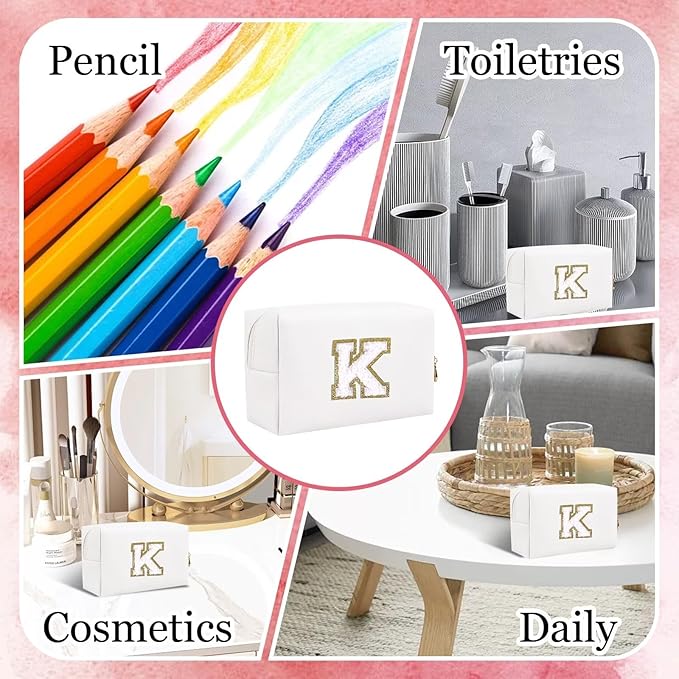Small Personalized Letter Makeup Bag, Cute PU Leather Chenille Letters Cosmetic Bag Travel Makeup Pouch, Preppy Travel Organizer Zipper Pouch for Women&Girls（White-K）