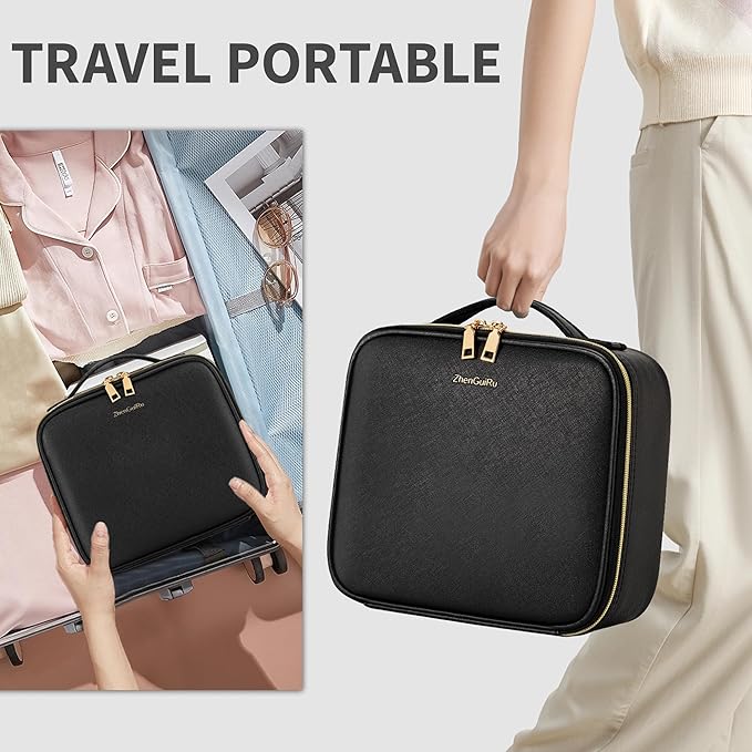 Travel Makeup Bag, Makeup Train Case, Portable Makeup Artist Organizer with Adjustable Dividers, Cosmetic Brush Holder Storeage