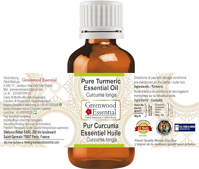 Greenwood Essential Turmeric Essential Oil (Curcuma Longa) Steam Distilled 100ml (3.38 oz)