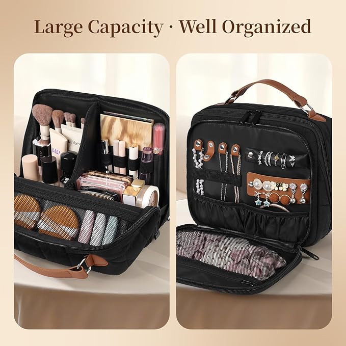 MOKURA Quilted Makeup Bag, Large Capacity Cosmetic Bag with Jewelry Organizer, Portable Make up Pouch, Waterproof Travel Toiletry Case with Compartments, Gifts for Women Girls, Black