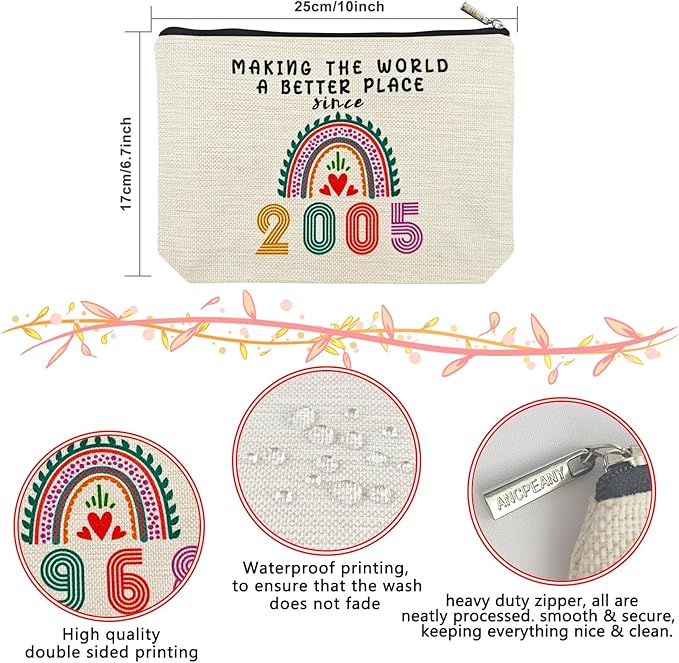 20th Birthday Gifts for Girls Makeup Bags, 2005 Happy 20th Birthday Decorations for Teen Girls, 20 Year Old Girl Birthday Gifts for Daughter, Sister, Granddaughter, Cosmetic Travel Pouch, Christmas