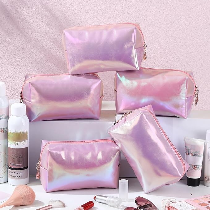 Sanwuta 9 Pcs Makeup Bags Bulk PU Double Zippers Cosmetic Bag Makeup Toiletry Christmas Small Pouch Portable Travel Organizers Case for Women Bridesmaid Party End of The Year(Laser Pink)