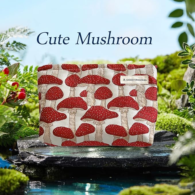 STARDW Cute Makeup Bag Aesthetic Cosmetic Bags for Women Girls, Travel Toiletry Bag Large Capacity Zipper Makeup Pouch, Purse Organizer Pouches,Canvas Lining (Red Mushroom)
