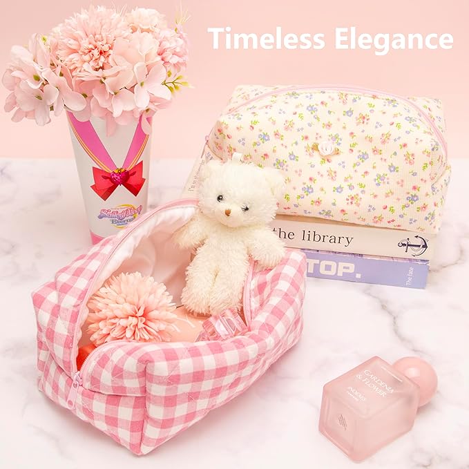 PAZIMIIK 2PCS Cozy Makeup Bag Travel Cosmetic Bag for Women Soft Toiletry Bag Aesthetic Makeup Organizer Portable Large Zipper Pouch for Skincare Beauty Accessories Brushes Pink Checkered
