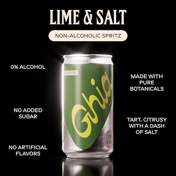 Ghia Non-Alcoholic Le Spritz | Lime + Salt 12-Pack | Canned Mocktail & Cocktail Mixer, Zero Proof Sparkling Apéritif with Soothing Herbal Extracts | No Sugar, No Artificial Flavors, Caffeine-Free