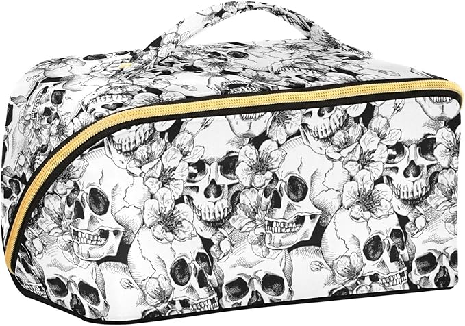Makeup Organizer Bag, Skull and Flower Travel Makeup Bags Makeup Vanity Case Large Capacity Rhombus Cosmetic Toiletry Bag for Girl Women Ladies