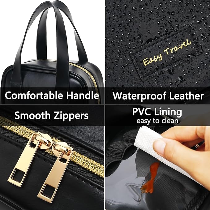 Travel Makeup Bag, Large Flat-Open Cosmetic Bag Make Up Organizer Case for Women, Waterproof PU Leather Toiletry Bag with Brush Compartment Skincare Pouch for Toiletries Accessories