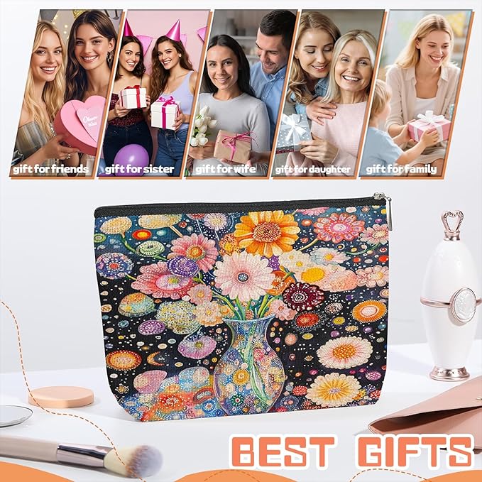 Makeup Bag Travel Cosmetic Bags Small Makeup Case Waterproof Zipper Pouch for Women Girls 7X9inches - Colorful Flowers in A Blue Vase with Dots