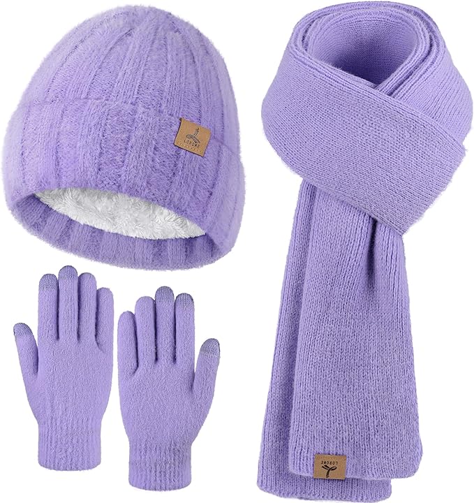 Winter Beanie Hat Scarf Gloves, Warm Fleece Knit Hat Long Scarf Neck Warmer Touch Screen Winter Gloves Set Gifts for Women