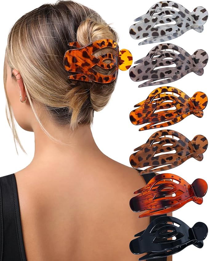 AWAYTR 6Pcs Upgrade Large Flat Hair Claw Clips for Women Girls, 5" Non-slip Duckbill Hair Clips for Long, Thick, Thin Hair, Comfortable for Driving & Lying Down (Glossy (Leopard Print))