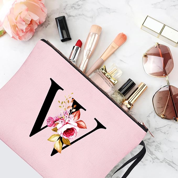 Vavabox A-Z Personalized Makeup Bag, Birthday Gifts for Women Mom, Gifts for Best Friend, Bride Bridesmaid Cosmetic bag (W, Pink)
