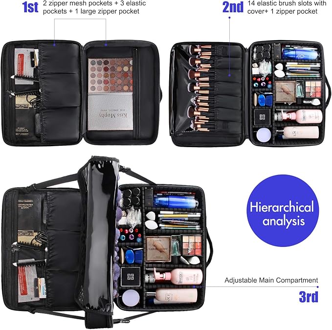 Relavel Extra Large Makeup Case with Makeup Brush Bag, Travel Makeup Train Case Professional Makeup Artist Bag Portable Nail Organizer Box Art Supply Case (Black with Makeup Brush Bag)