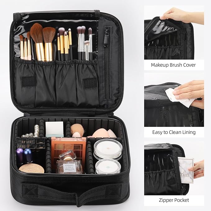 Tbestmax 2 Pack Travel Makeup Bag Cosmetic Train Case Organizer Portable Artist Storage Bag with Adjustable Dividers for Cosmetics Makeup Brushes Toiletry Jewelry Black