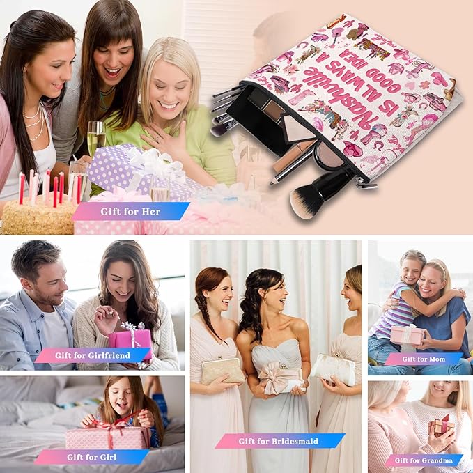 Nashville Travel Gifts Makeup Bag, Nashville Lover Accessories Souvenirs, Country Music Gifts for Traveller Women Friends, Birthday Bachelorette Party Favors Women Trip Cosmetic Bag Pouch
