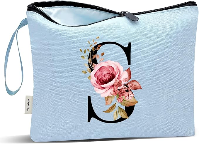 Vavabox A-Z Personalized Makeup Bag, Birthday Gifts for Women Mom, Gifts for Best Friend, Bride Bridesmaid Cosmetic bag (S, Blue)