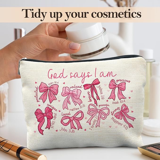God Says I Am Pink Christian Makeup Bag, Coquette Pink Bow Preppy Cosmetic Bags for Women, Christian Gifts for Women, Faith Based Gifts, Coquette Preppy Bowknot Stuff Zipper Makeup Pouch