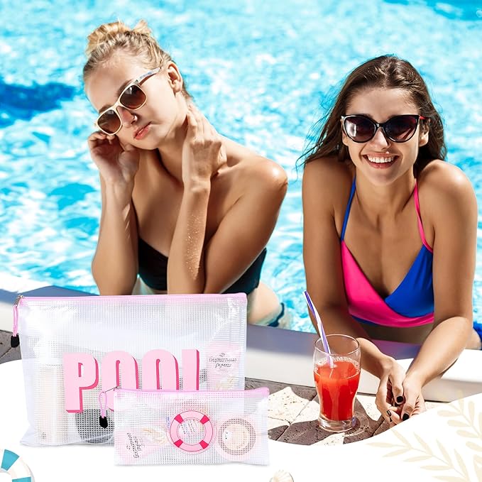 SOIDRAM 2PCS POOL Makeup Bag Clear Zippered POOL Bag Cosmetic Pouch Waterproof Travel Toiletry Organizer for Women Varsity Letter Patch Beach Pool Essentials