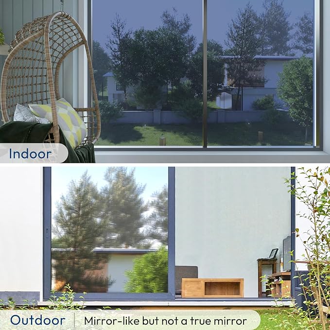 rabbitgoo Window Privacy Film One Way Window Tint for Home, Removable Reflective Heat Sun Blocking Anti UV Glass Door Covering, Mirror Tinting Film House Office, 23.6 in X 13.1 Feet, Blue Silver