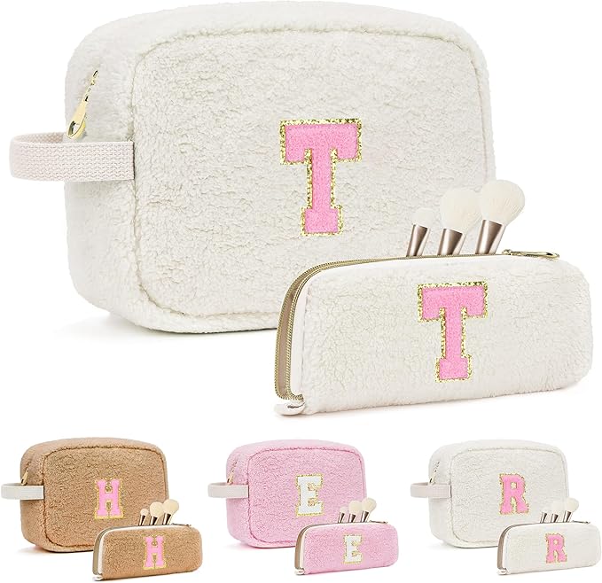 for Christmas Day Gifts, Travel Makeup Bag for Women, Initial Make Up Bag Set for 6 7 8 9 10 11 12 13 Years Old Kids Tween Girls, Large Cosmetic Skincare Bags for Birthday Gifts, White T