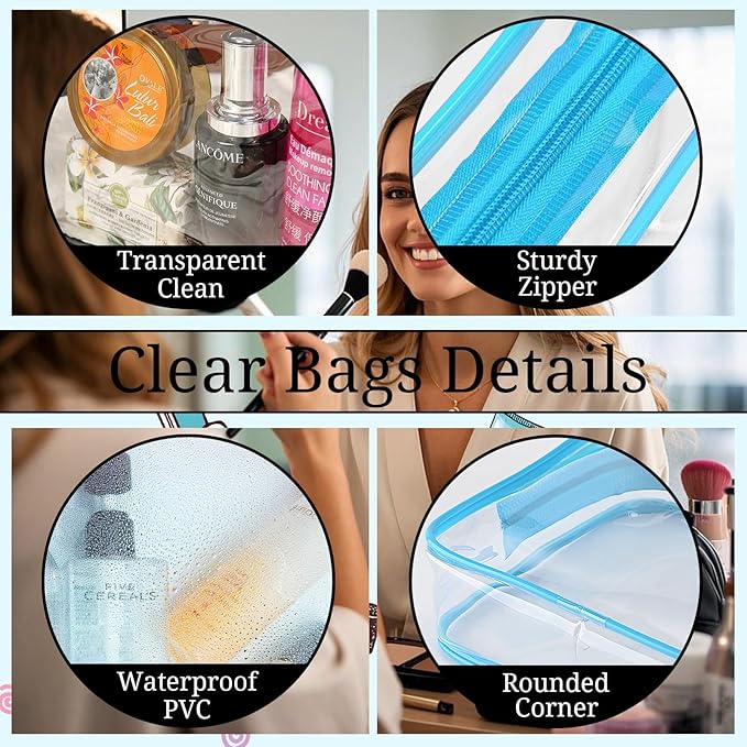 6 Pieces Large Clear Makeup Bags Bulk TSA Approved Toiletry Bag for Travel Transparent PVC Clear Cosmetic Pouch with Zipper, Waterproof Plastic Organizer Case for Carry-on Travel Essentials