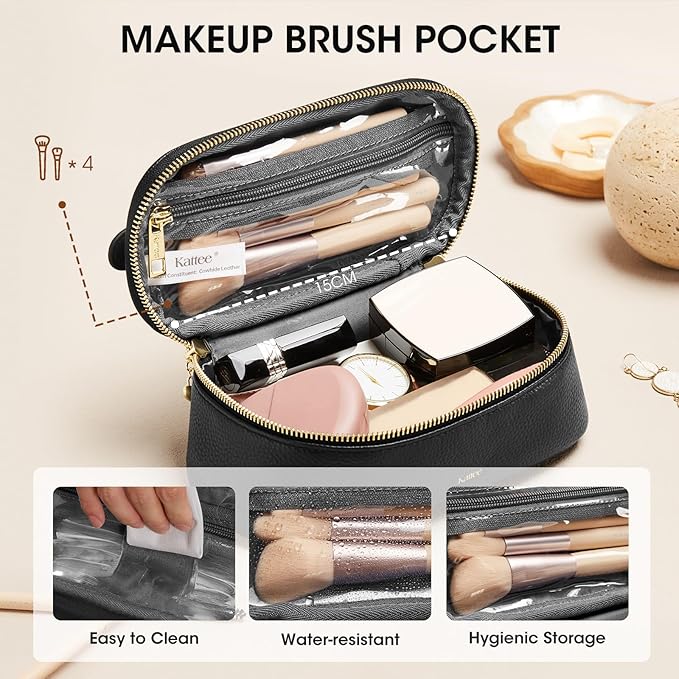 Kattee Makeup Bag for Women, Leather Cosmetic Bag, Working Makeup Bags for Ladies with Handles, Portable Travel Toiletry Bag,Black