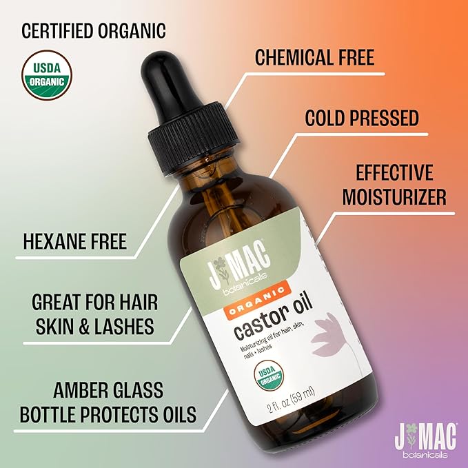 J Mac Botancials Organic Castor Oil - Glass bottle - 2 oz DROPPER