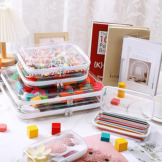 Sanwuta 6 Pcs Clear Hard Zipper Case Hard Plastic Zipper Pouches Makeup Bag Pencil Pouches Transparent Cases for Snacks Plastic Storage Organizer Box for Travel(Clear,Three Sizes)