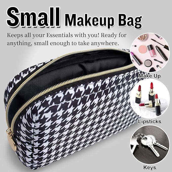 Nylon Small Makeup Bag for Purse, Cute Makeup Pouch Bag Preppy Cosmetic Zipper Pouch Purse, Portable Travel Toiletry Bag Clutch Makeup Brush Bag Organizer Storage for Ladies Girls(Black Houndstooth)