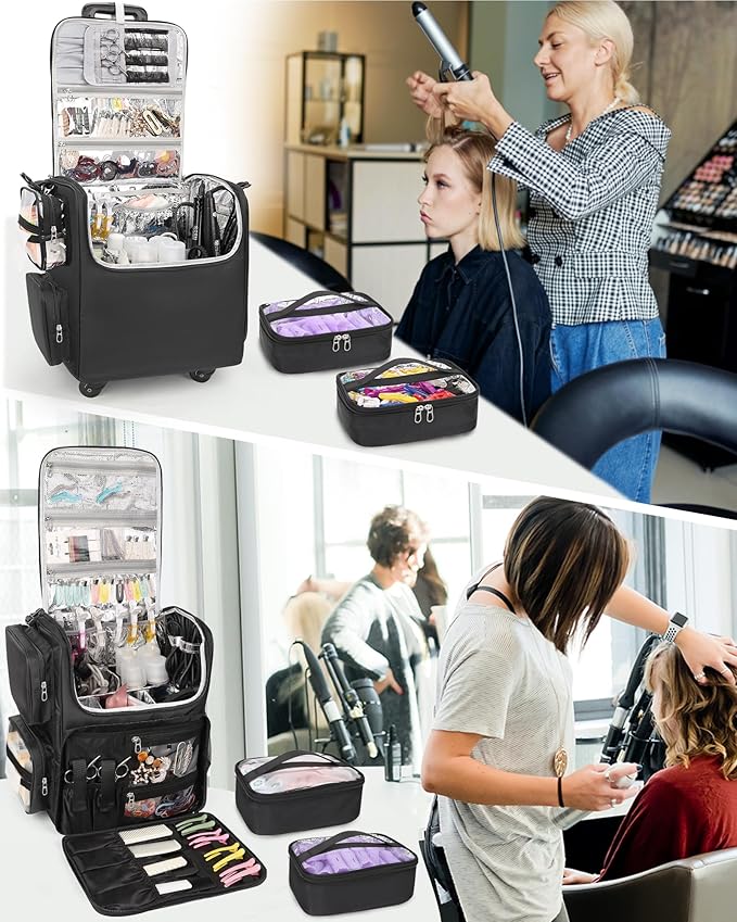 Relavel Rolling Makeup Train Case with Hair Stylist Backpack, Hairstylist Traveling Bag with 4 Wheels, Heat Insulation Full Layer, Adjustable Dividers, Hair Tools and Cosmetics Storage Organizer