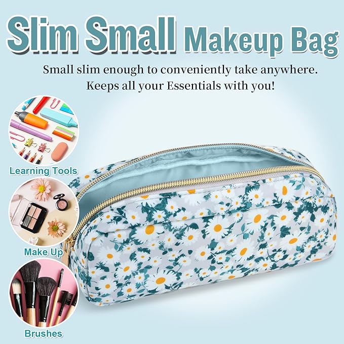 izuzta Nylon Small Floral Makeup Bag Slim Pouch, Preppy Cute Makeup Brush Case Bag Flower Cosmetic Zipper Pouch Purse, Waterproof Travel Toiletry Bag Coin Pouch Make Up Organizer Women(Green-Daisy)