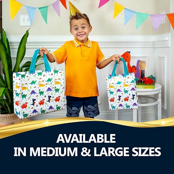 Nush Nush Dinosaur Gift Bag Medium Size – Set of 12 Dinosaur Goodie Bag With Handles, Reusable Gift Bags for Kids - For Dino Party Favors, Party Favor Bags for Kids Birthday - 8"x4"x 10" Size