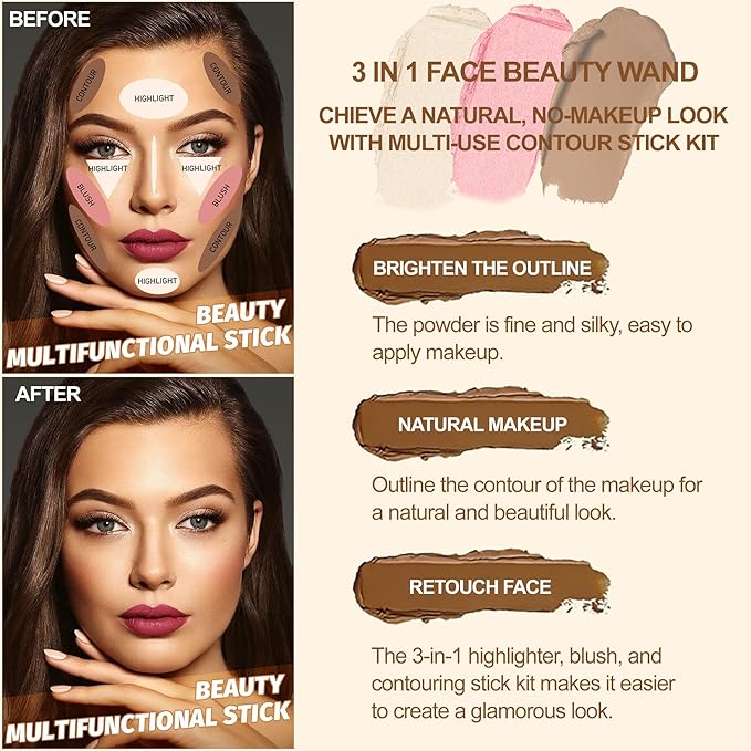 Lezero 3Pcs Contour Stick Makeup Kit, Shades with Matte Finish Highlighter, Blush and Bronzer Stick for Sculpt the Face and All Skin Type, Long Lasting, Smooth, Non-greasy, #2 LIGHT FAIR