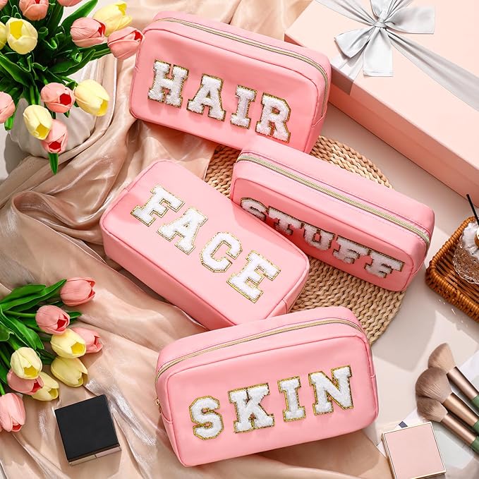 Remerry 4 PCS Nylon Cosmetic Bags Waterproof Spacious Travel Makeup Organizer for Women Chenille Letter Preppy Zipper Pouch Face Stuff Skin Hair Organizer Gift(Pink)