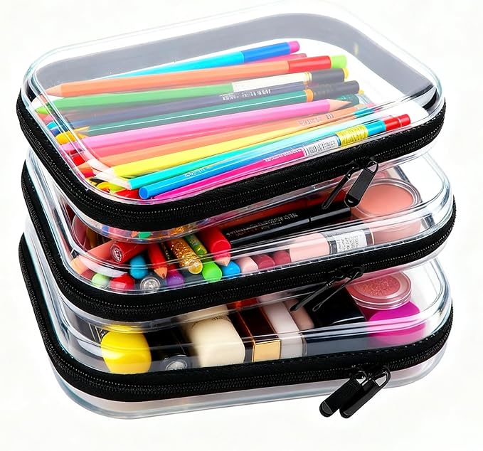 3pcs Clear Hard Shell Zipper Case, Transparent Hard Plastic Zipper Pouches, Portable Travel Organizer, Clear Toiletry Bag, Craft and Arts Organizer, Toy Storage Bins, Stackable Hard Side Plastic Case