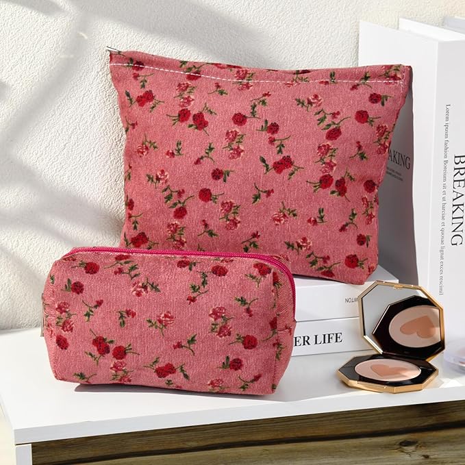 SOIDRAM 2 Pieces Rose Makeup Bag Large Cosmetic Bag Capacity Canvas Mix Travel Toiletry Bag Organizer Cute Makeup Brushes Aesthetic Accessories Storage Bag for Women, Rose Mix Green Red