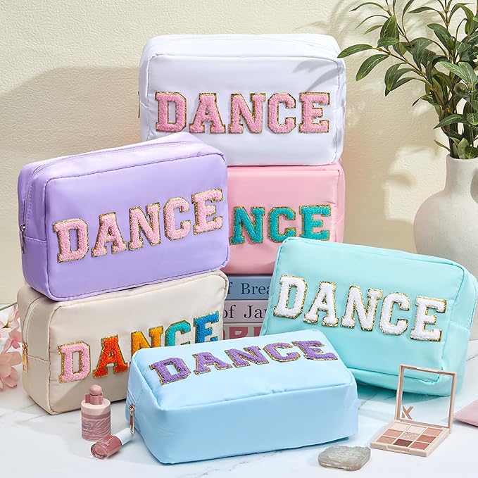 6 Pcs Dance Makeup Bag Cosmetic Bag with Chenille Letter Patches Waterproof Portable Cheerleader Toiletry Zipper Pouch for Girl Women Appreciation (Pastel Colors)