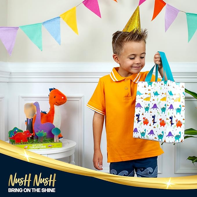 Nush Nush Dinosaur Gift Bag Medium Size – Set of 12 Dinosaur Goodie Bag With Handles, Reusable Gift Bags for Kids - For Dino Party Favors, Party Favor Bags for Kids Birthday - 8"x4"x 10" Size