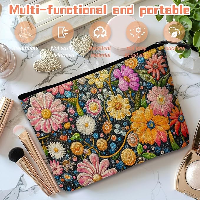 Cosmetic Bags Travel Makeup Toilet Case Waterproof Pouch for Women Girls 6.7X9.45inches - Colorful Flowers on A Black Background